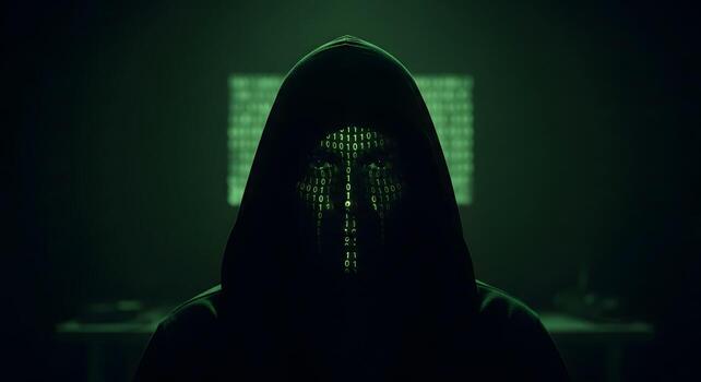 Anonymous hacker with binary code on faces photo