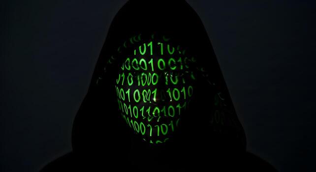 anónimo hacker con binario código en su caras foto