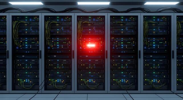 Server rack with a red warning light in a data center photo