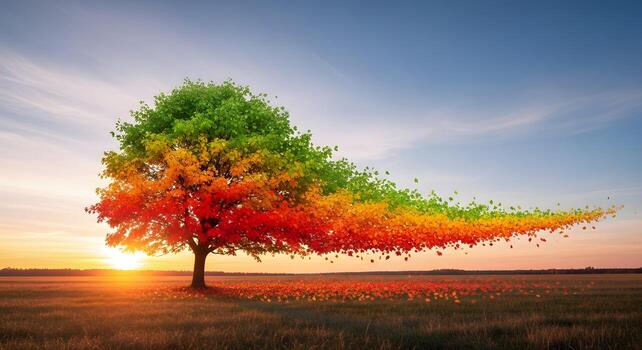 Tree transitioning from summer to autumn. photo