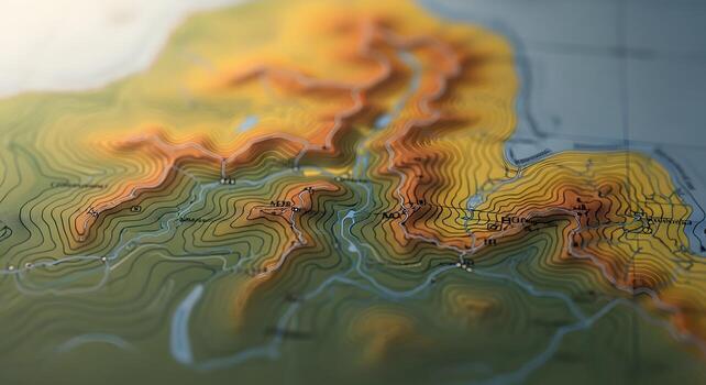 Close up on a 3D topographic map photo