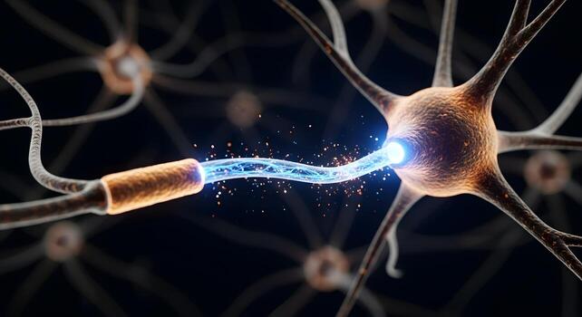 Neuron transmitting a signal through a synapse photo