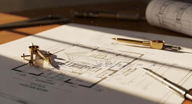 Architectural blueprint on a desk with drafting tools photo