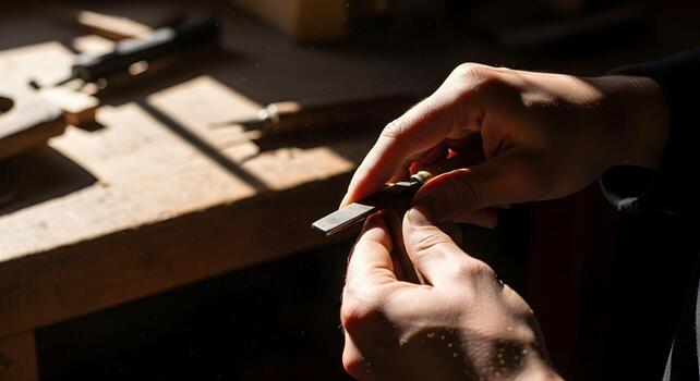 artesano afilado un cincel en un taller foto
