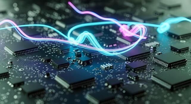 Glowing data streams on a computer circuit board photo