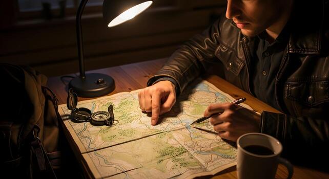 Man planning an adventure with a map photo