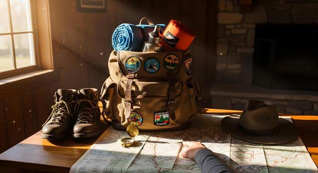 A backpack and gear ready for a hiking adventure photo