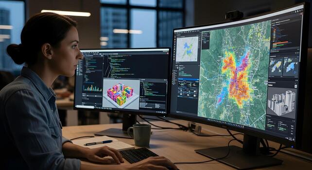 Data analyst working with multiple monitors photo