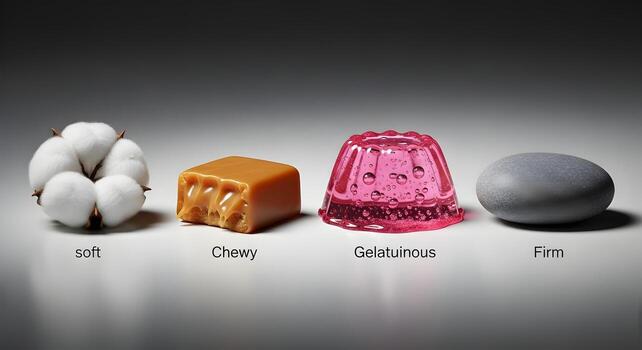 Four objects demonstrating different textures with labels photo