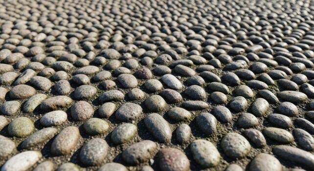 Textured cobblestone pathway surface with smooth rounded stones creating a natural ground pattern photo