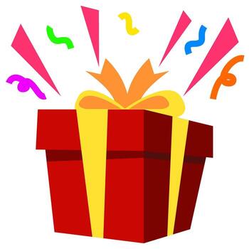 The gift is wrapped in a red box and tied with a yellow ribbon with confetti behind it vector