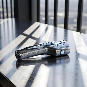 Sleek handheld zapper glints on polished steel workbench, bathed in sunlight through a high rise window, shadows dancing, LED display glowing, ready to neutralize interference. photo