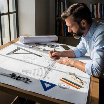 dibujante trabajando en un detallado técnico dibujo de un puente en un de madera redacción mesa con precisión y enfocar. foto