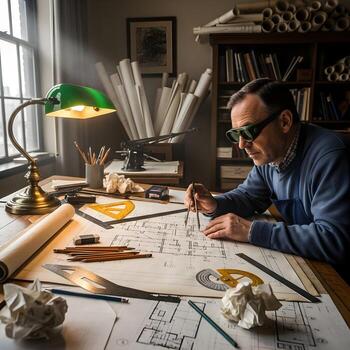 dibujante examina detallado diagrama en polvoriento redacción mesa, rodeado por clásico técnico dibujo herramientas, en un nostálgico oficina ajuste. foto