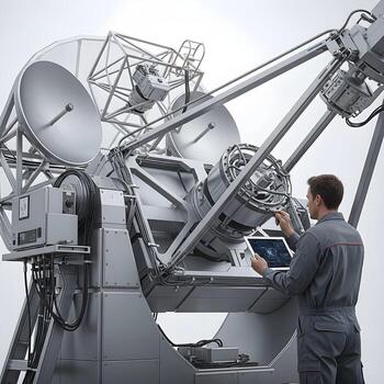 Technician inspecting a complex radio telescope antenna with precise engineering and sophisticated technology photo