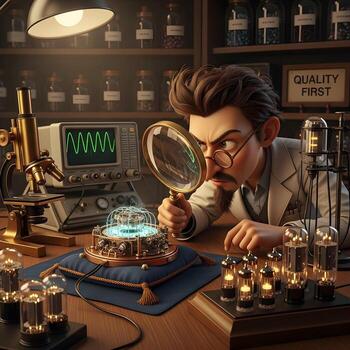 Quixotical quality control engineer inspecting quantum encrypted quartz crystal oscillator in a quaint laboratory setting photo