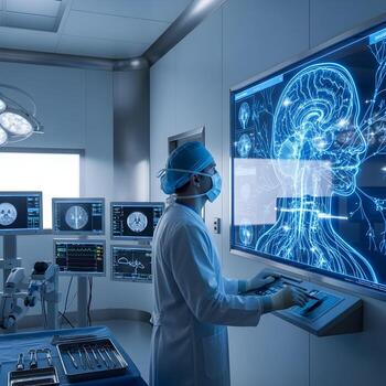 Neurosurgeon analyzing complex nervous system diagram on computer screen in modern hospital setting photo