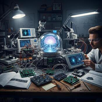 Neurosynaptob equipment on a cluttered lab workbench, surrounded by microscopes and circuit boards, under dim fluorescent lights. photo