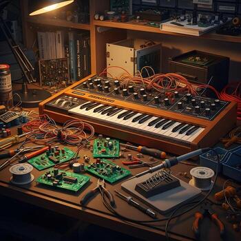 Cluttered Workshop with Keyboard Synthesizer and DIY Electronics photo