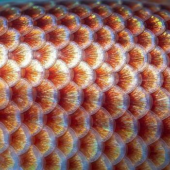 Macro Photography An Enchanting Perspective on Redfish Scales, Unveiling Intricate Iridescent Textures and Luminous Reflections Under Subtle Ambient Underwater Lighting photo