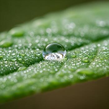 macro maravilla reluciente gota de agua en un salpicado de rocío hoja iluminado en difundido suave natural ligero en contra un minimalista fondo foto