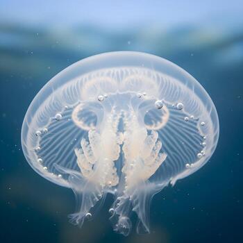 Macro Elegance The Translucent Jellyfish Undulating Gracefully in Clear Water, Highlighted by a Soft Natural Glow and Vibrant Minimalistic Textures photo