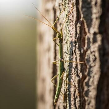 Vibrant Macro Beauty A Stick Insect Seamlessly Merging with Intricate Bark Texture, Illuminated by Soft Natural Light and Ethereal Background photo