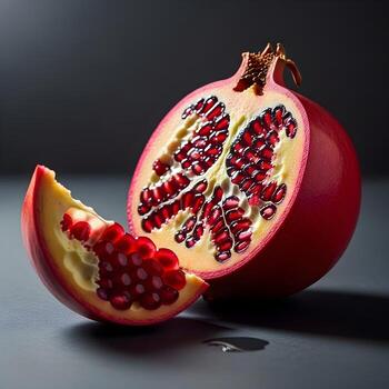 A Captivating Macro Shot of a Sliced Pomegranate, Unveiling Alluring Ruby Seeds and Intricate Rind Textures Under Soft Minimalistic Lighting photo