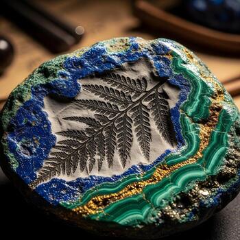 Macro Exploration of Intricate Fossil Textures and Vibrant Mineral Patterns in a Mysterious, Elegant Ancient Laboratory Under Soft Ambient Illumination photo