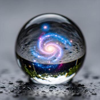 Macro Reflection A Dewdrop Mirrors Swirling Cosmic Patterns, Merging Miniature Galaxies with Dreamy, Ethereal Textures for a Surreal, Upscale Visual Odyssey photo