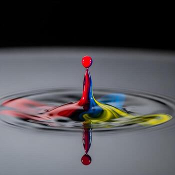 Macro Fusion Masterpiece An Intimate, Vivid Droplet Uniting Primary Hues on a Mirror-like Surface, Exuding Modern Minimalist Elegance with Poetry photo