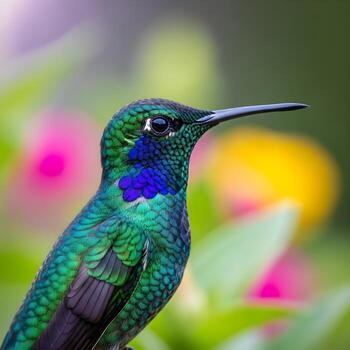 A Stunning Macro Portrait of a Vibrant Hummingbird with Iridescent Feathers, Captured in a Softly Lit, Beautifully Blurred Garden Wonderland. photo