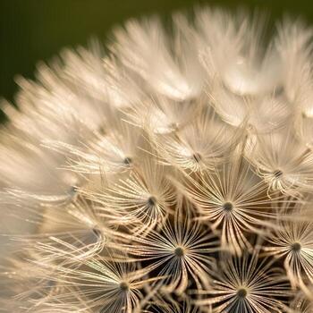 Macro Exploration Intricate Dandelion Seeds, Soft Sunlight Illuminates Exquisite Delicate Details, Merging Nature's Subtle Beauty with a Dreamlike Blurred Background photo