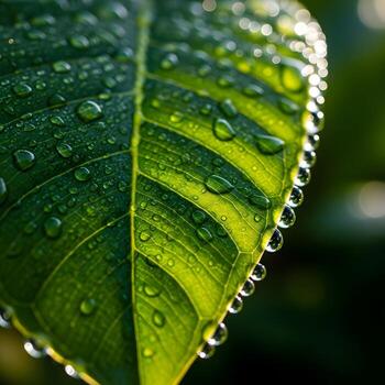 Intricate Macro View of Dew-Dappled Jungle Leaves Under Morning Sunlight, Revealing Vivid Textures, Nature's Elegant Patterns, and Capturing the Brilliance of Natural Artistry photo