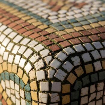 Macro Shot Unveiling the Enigmatic Beauty of Sunlit Mosaic Antique Tiles with Intricate Patterns, Vivid Textures, and Time-Worn Charisma photo