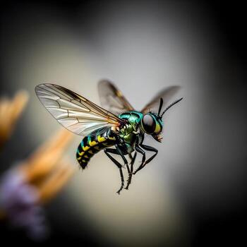 Intricate Flight A Vibrant Macro Capture of an Insects Delicate, Shimmering Wings Amidst Ambient Bokeh on a Minimalist, Textured Backdrop. photo