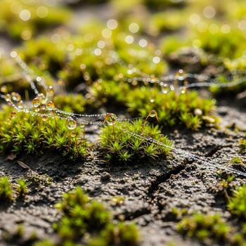 Discovering the Hidden Wonderland A Macro Exploration of Delicate Dew, Verdant Moss, and Meandering Insect Trails in a Thriving Nature's Microecosystem photo