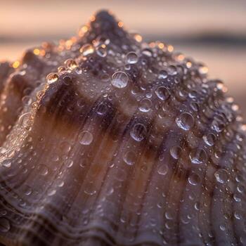 Macro Captivation Detailed Close-Up of Shimmering Ocean Droplets on a Textured Seashell Bathed in Soft Sunrise Glow, Exuding Refined Elegance. photo