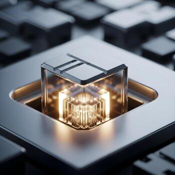 Macro close-up of a shimmering, high-tech luminator electronic component with vivid minimalistic reflective surfaces and ambient glowing modern design masterpiece. photo