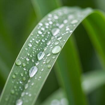 Exquisite Macro Composition Vivid Dewdrops Adorn an Emerald Quiverleaf, Shimmering with Refined Textural Details Under Soft, Enveloping Natural Illumination. photo
