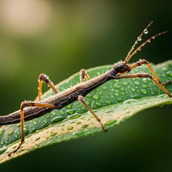 Illuminated by dew and vibrant macro colors, a stick insects intricate camouflage on a lush leaf reveals natures delicate balance. photo