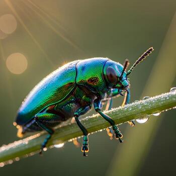 Macro Marvel An Iridescent Insect, Nature's Microcosm Captured in Intricate Detail and Ethereal Surrealism Amid a Softly Blurred Natural Background photo