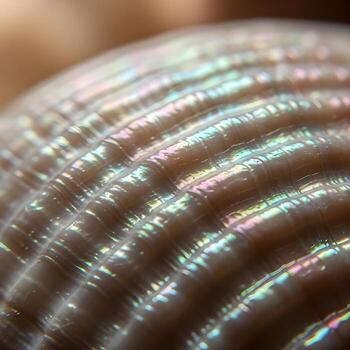 Delicate Macro Portrait of Iridescent Seashell Nacreous Textures, Reflecting Light in a Dreamlike Mosaic with a Soft Bokeh Background photo