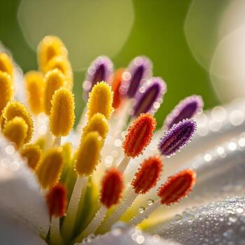 Macro Insight into Vibrant Pollen Dance on a Delicate Petal, Illuminated by Ethereal Bokeh, Emphasizing Intricate Nature Textures and Dynamic Energy photo