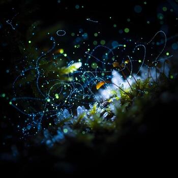 místico microcosmo un delicado danza de brillante bioluminiscente partículas capturar el esencia de un oscuro, enigmático micro-mundo adornado con suave radiante texturas foto