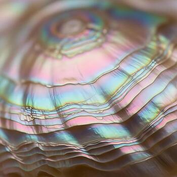 Captivating Macro View of Brilliant Nacre Exquisitely Iridescent, Shimmering Layers and Smooth Luminous Surface Texture Captured Under Soft Ambient Lighting photo