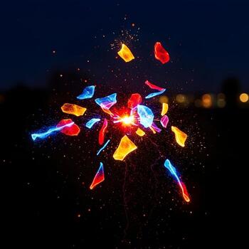Macro Shot of Luminous Firework Fragments A Vivid Journey into Radiant Flux Patterns Amidst Dynamic, Sparkling Nocturnal Ambience photo
