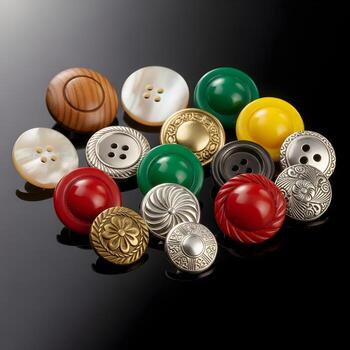 An Enchanting Macro Display of a Dozen Vibrant Vintage Buttons on a Sleek Reflective Surface Bathed in Natural Light photo