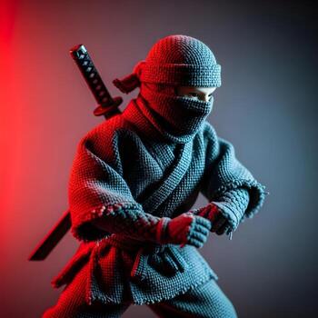 Intricately Detailed Miniature Ninja Fabric A Close-up Exploration of Texture and Light with Vibrant Studio Shadows Creating Dramatic Visual Contrast photo