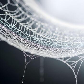 Ethereal Macro Capture Dew-Kissed Silkweb Threads Illuminated by Morning Light Revealing Exquisite Textural Details in a Minimalist Dreamscape of Poetry. photo